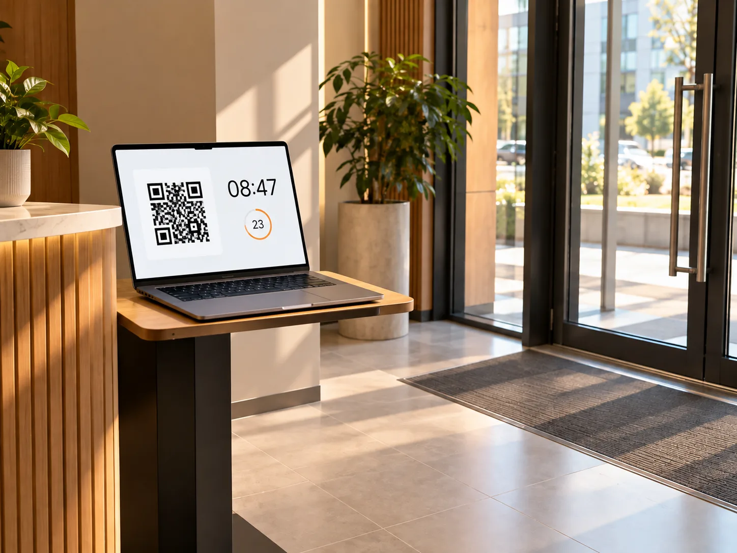 Ноутбук-станция с QR-кодом у входа в офис